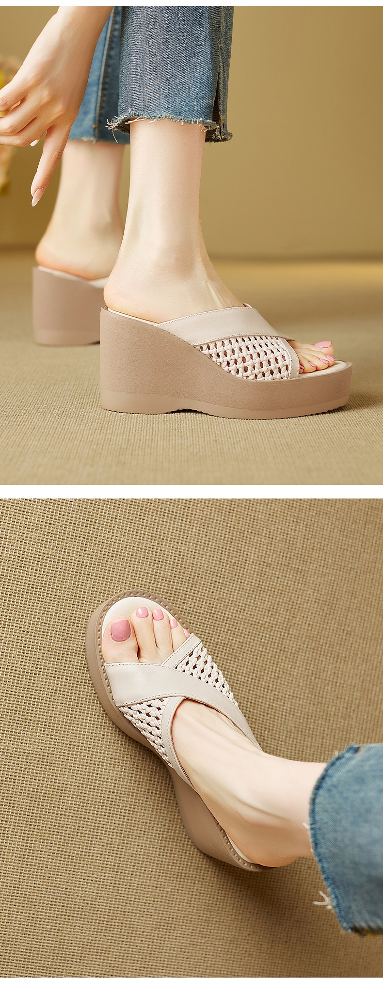 Sandal cao gót nữ mũi cá dày đế xuồng, chất liệu da bò đầu, thiết kế đan rỗng quai ngang — đen chi tiết 8