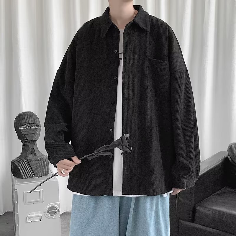 Camisa de pana para hombre 2023 nuevo estilo de Hong Kong moda suelta japonesa retro negro camisa casual chaqueta