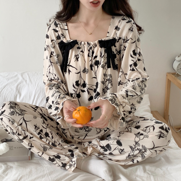 Pijamas florales de estilo coreano simple pijamas de punto colmena cuello cuadrado Jersey de manga larga de algodón con almohadilla de pecho dulce hogar desgaste traje