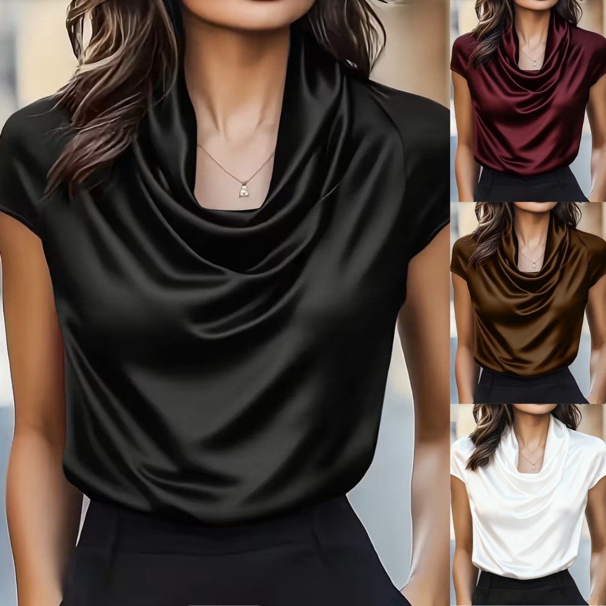 现货2026亚马逊跨境独立站新款色丁荡领垂坠感短袖上衣休闲衬衫女