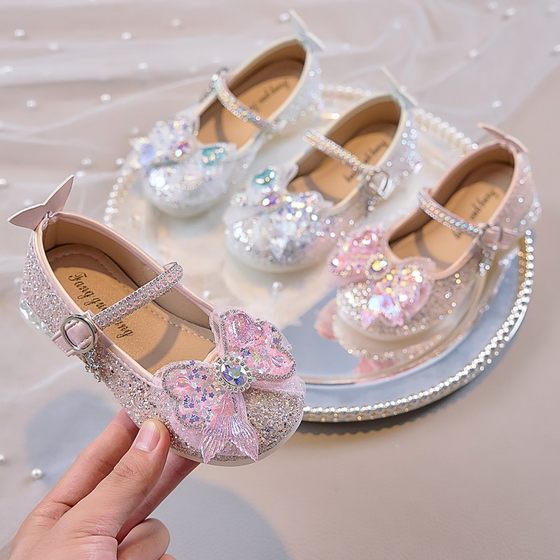 Girls Princess Shoes 2024 New Children's Leather Shoes Little Girls Crystal Shoes Baby Soft Sole High Heels Dress Shoes