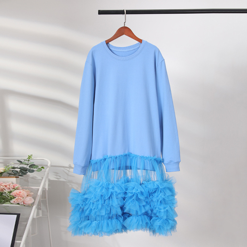 24 Autumn New Arrival Korean Style Blue Sweatshirt Dress Loose Round Neck Long Sleeve Multi-Layer Mesh Patchwork Mid-Length Dress