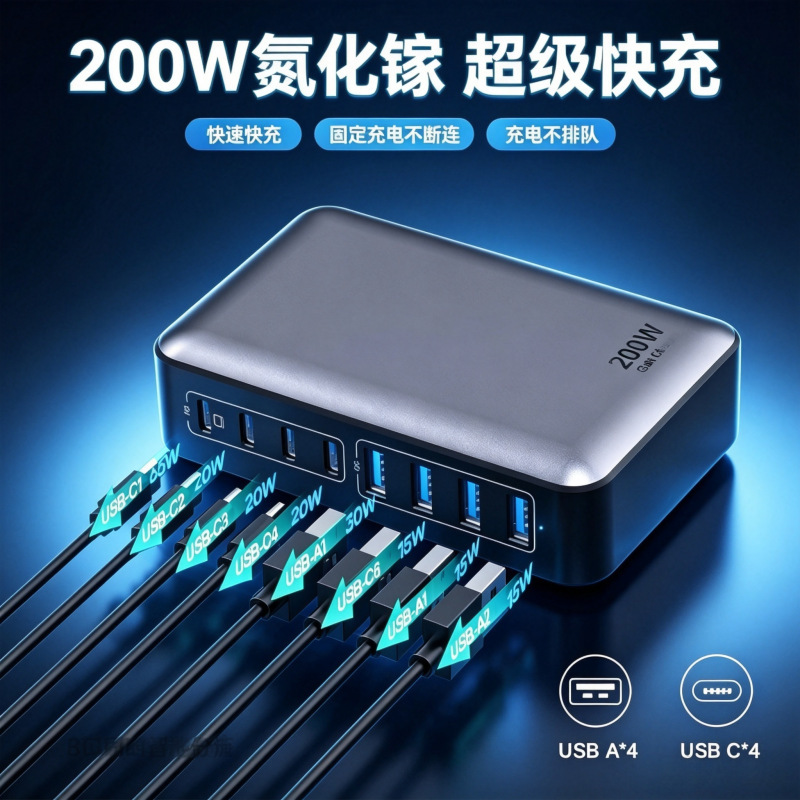 Cross-Border 200W Gallium Nitride Multi-Port Charger Pd Fast Charging Usb-A 10-Port Desktop Multi-Device Charging Station Manufacturer Cross-Border 200W Gallium Nitride Multi-Port Charger Pd Fast Charging Usb-A 10-Port Desktop Multi-Device Charging Station Manufacturer