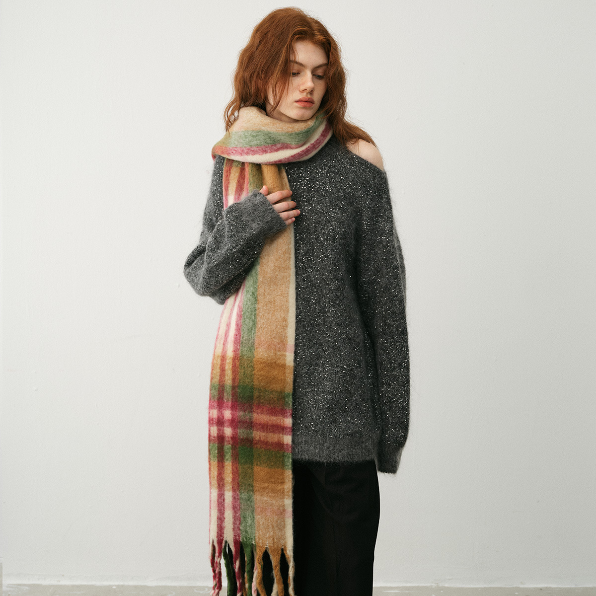 Sciarpa con frange in cashmere a quadri rossi e verdi, classica atmosfera natalizia, da donna, invernale, spessa, morbida e calda_voghion.com
