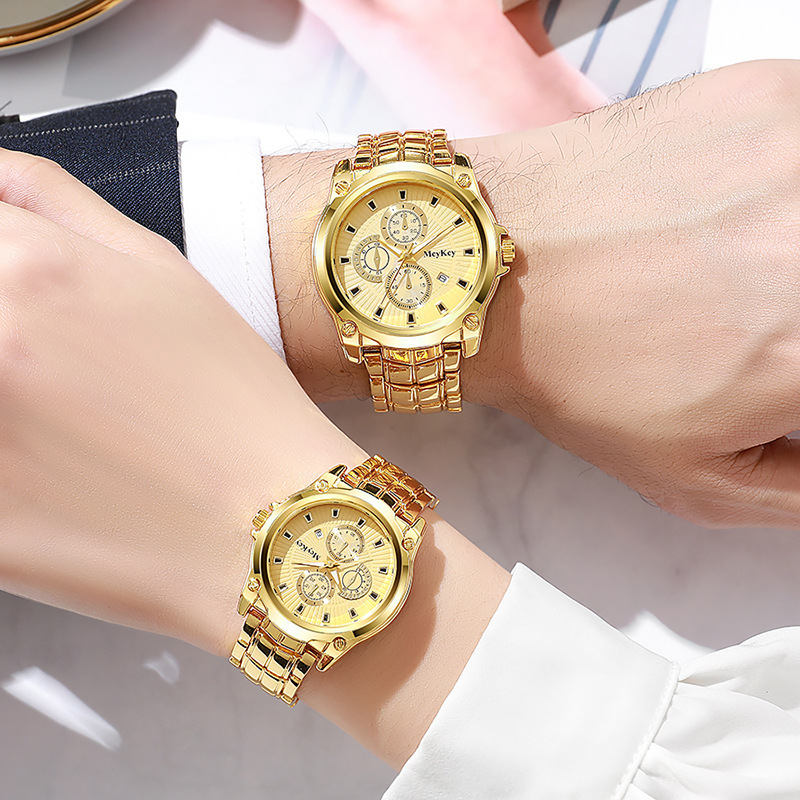 Nuevo reloj de correa de acero de pareja de aleación transfronteriza clásico negocio de tres ojos gran esfera impermeable fábrica de relojes de cuarzo al por mayor