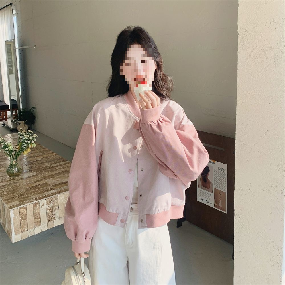 粉色短款棒球服外套女春秋新款小个子百搭韩系夹克炸街感