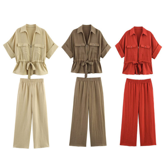 Foreign trade 2025 new travel hunting shirt 2273741 holiday style wide leg pants 105837048.00g-piece suit
