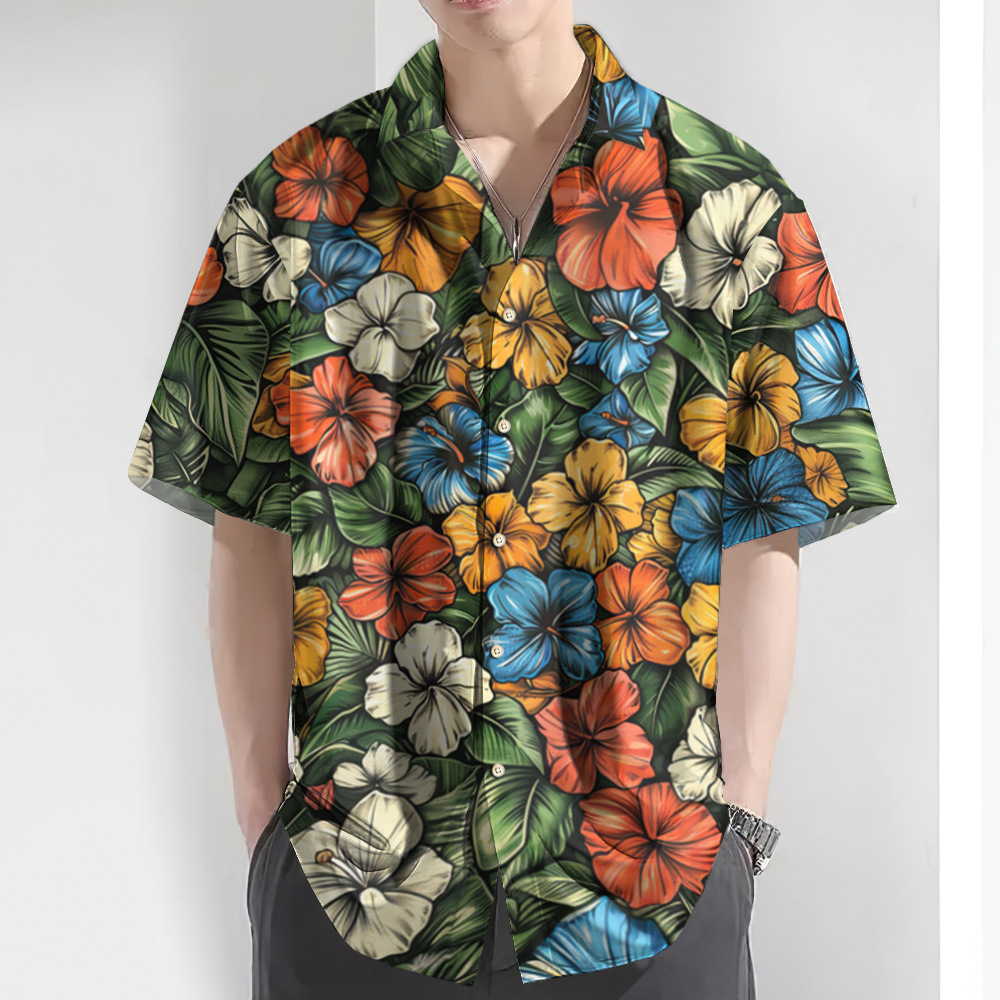 2024 Camisa de manga corta estampada hawaiana para hombre, talla europea, playa, fábrica de camisas para hombre hawaiano