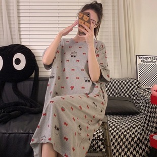 Korean Ins Cute Cartoon Hello Kitty Short-Sleeved Nightgown for Women Summer Loose Casual Pajamas Home Wear over the Knee