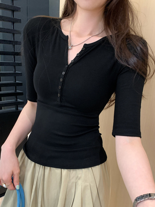 美式正肩V领紧身中袖t恤女2025夏季纯欲修身显瘦气质内搭辣妹上衣|undefined