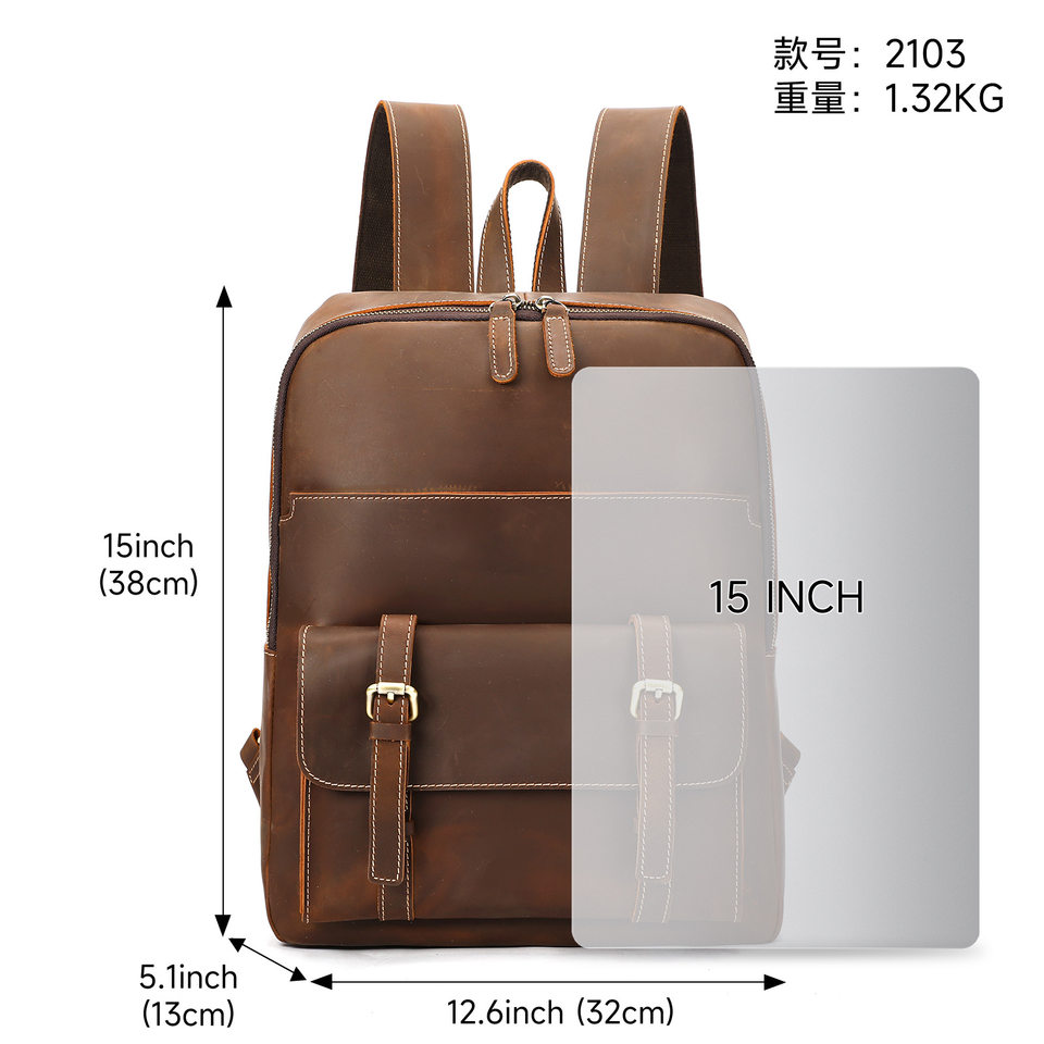 Ba lô nam da bò thật da ngựa điên phong cách Âu Mỹ cổ điển dung tích lớn 32×13×38 cm kèm ngăn laptop 15 inch — màu đen, Màu cà phê, Màu nâu đậm