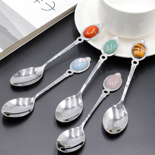 Cross-border new product Crystal Agate Mini Jade Spoons and Forks Tiger Eye Mixing Spoons Creative Gift Live Streaming Wholesale
