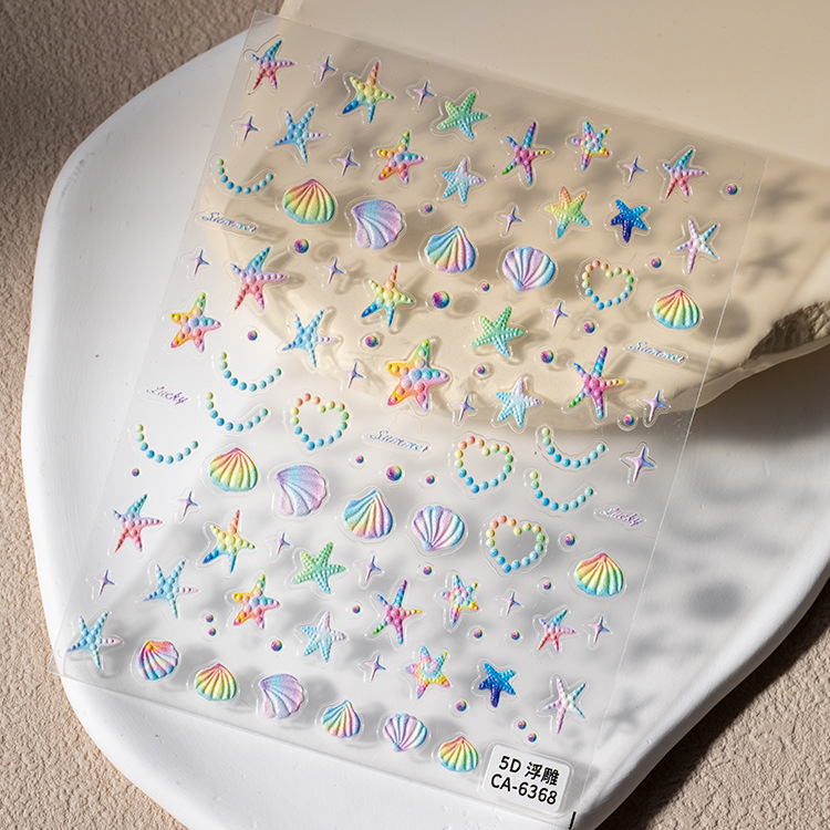 1 Set Quantity PVC Material 5D Embossed Stereo Nails Nail Sticker Paper Color Gradient XINGX Shell Starfish Pearl Necklace Nail Sticker Decoration