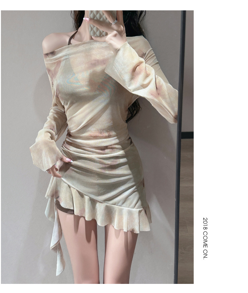 Women's Retro Three Piece Swimsuit Set Long Sleeved Bikini Slimming Flattering Irregular Skirt Style For Hot Springs_ecoleips.com