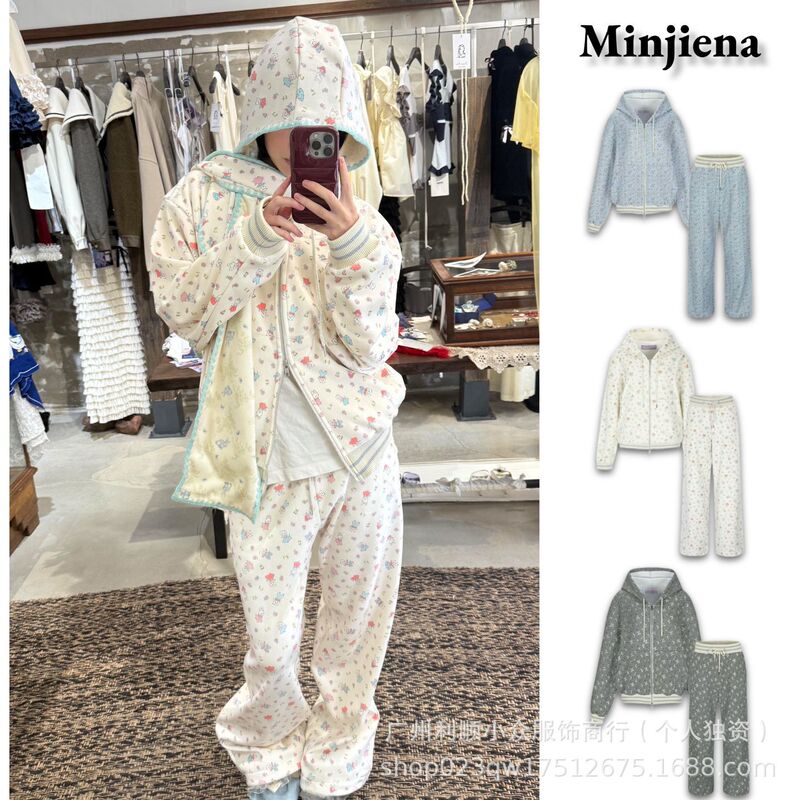 [In Stock] Korean Minjiena Rabbit Print Lace Hooded Jacket and Casual Pants Set, Same Style as Nayeon's Outfit
