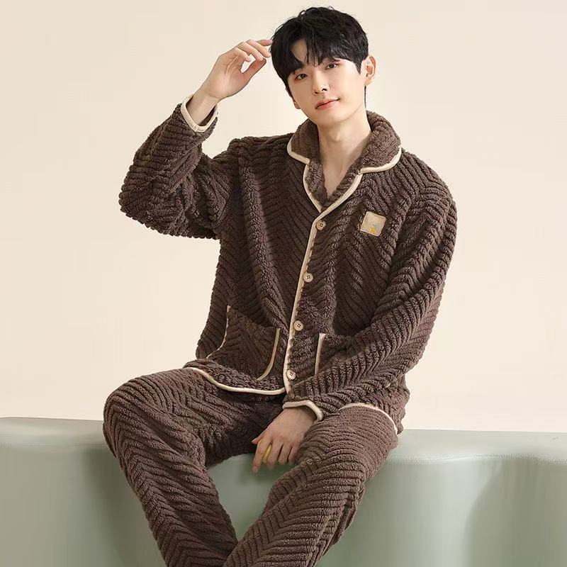 Pijama de invierno para hombres engrosado conjunto de franela de coral de mediana edad ropa para el hogar de lana