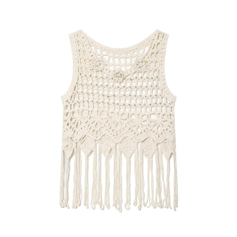 Foreign Trade Cross-Border Women's Clothing 2026 European and American Fashion Versatile Simple Rhinestone Tassel Knit Vest for Women E75370 Foreign Trade Cross-Border Women's Clothing 2026 European and American Fashion Versatile Simple Rhinestone Tassel Knit Vest for Women E75370