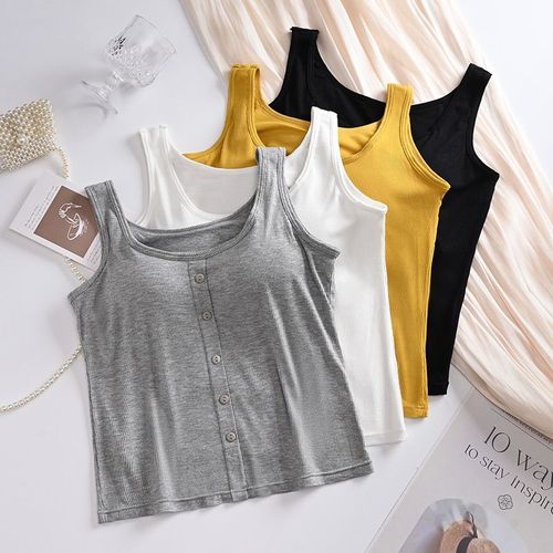 Women's Underwear Tank Top, Slip-On Bodysuit, Thin, Versatile, Beautiful Back Design, Button Closure, Modal, One-Piece with Bra Cups, Wrap Bodice, Bustier