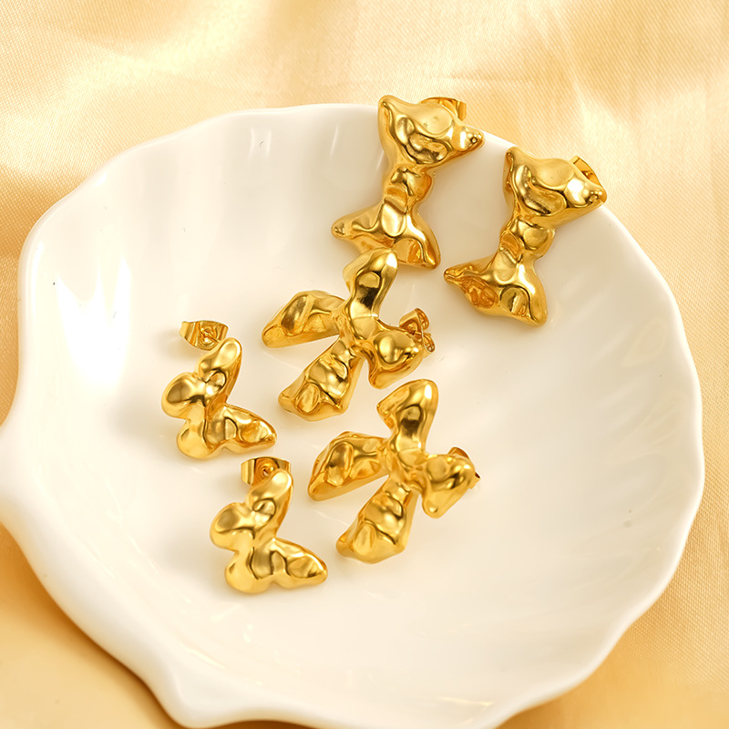 Titanium Steel Bow Earrings Gold Stainless Steel Butterfly Studs_voghion.com