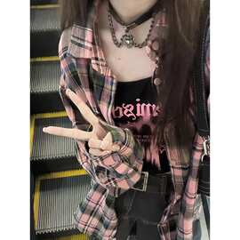 美式格子防晒长袖衬夏季宽松衫女外穿衬衣设计感小众方领上衣外套