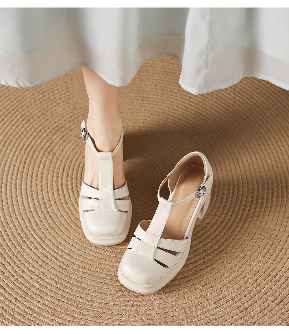 Sandal nữ cao gót phong cách La Mã, mũi kín gót kín, đế dày da bò, gót 7 cm — đen chi tiết 11