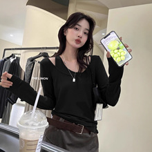 黑色设计感不规则假两件长袖T恤女秋冬高级感修身内搭打底衫上衣