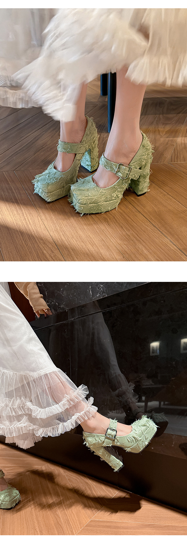 Giày cao gót nữ mũi vuông phong cách Mary Jane đế xuồng platform gót 12 cm — Xanh lá cây nhạtcolor, màu đen, màu trắng ngà chi tiết 9