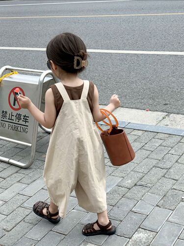  Summer Unisex Kids Korean Style Halter Loose Wide Leg Shorts Bodysuit with 7/8 Straps + Sleeveless Top, Separate Photos