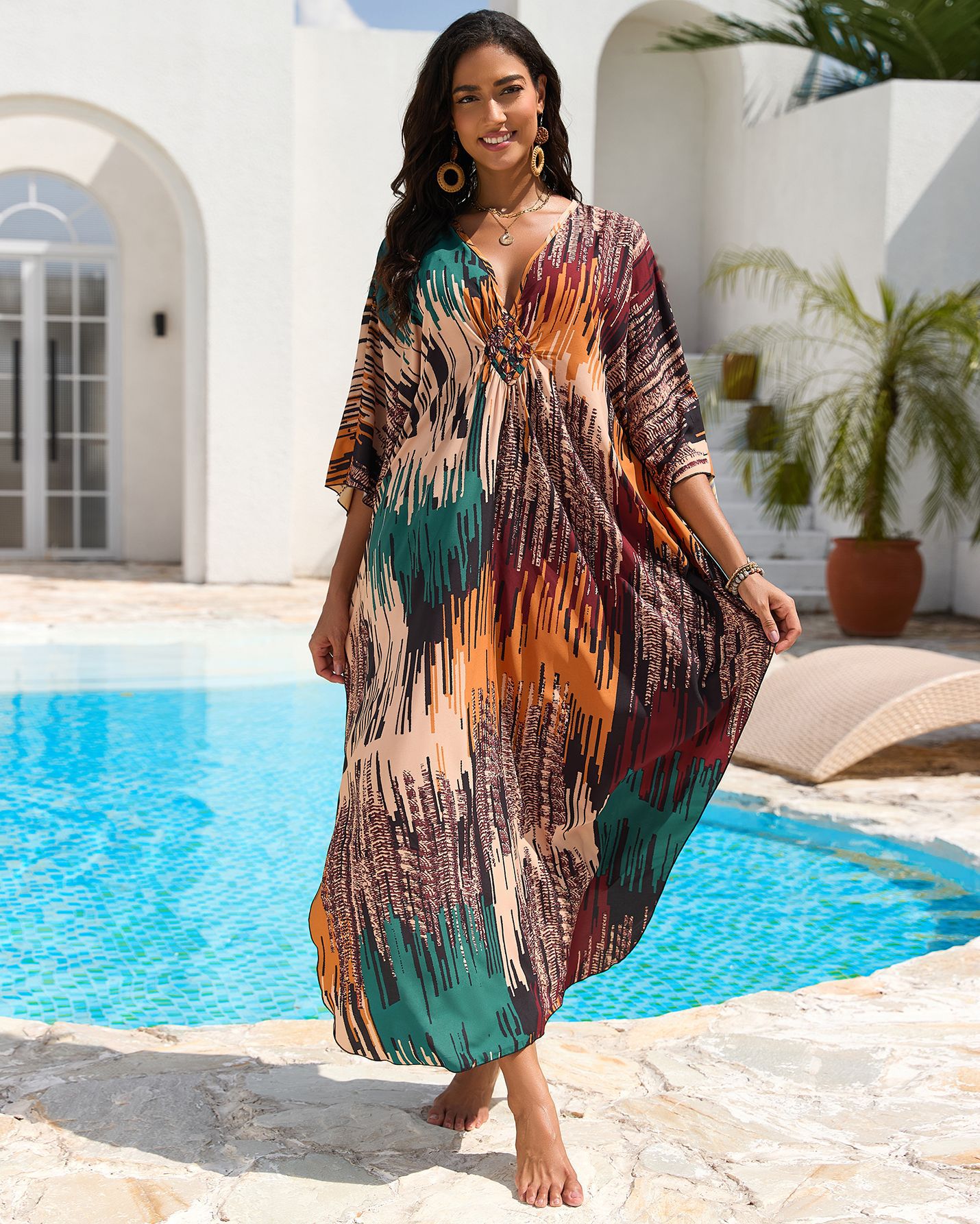 Nuevo posicionamiento de Europa y América impresa playa blusa tejida a mano V-collar vestido de vacaciones vestido largo 31 colores