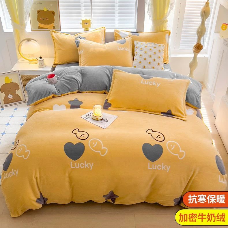 Invierno de lana de cuatro piezas de lana de leche de doble cara engrosado brida de lana de coral sábanas cubiertas de cama dormitorio tres piezas de cama