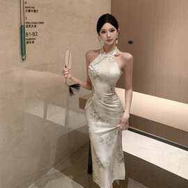 738欧美东南亚跨境外贸女装名媛复古改良旗袍性感挂脖包臀连衣裙