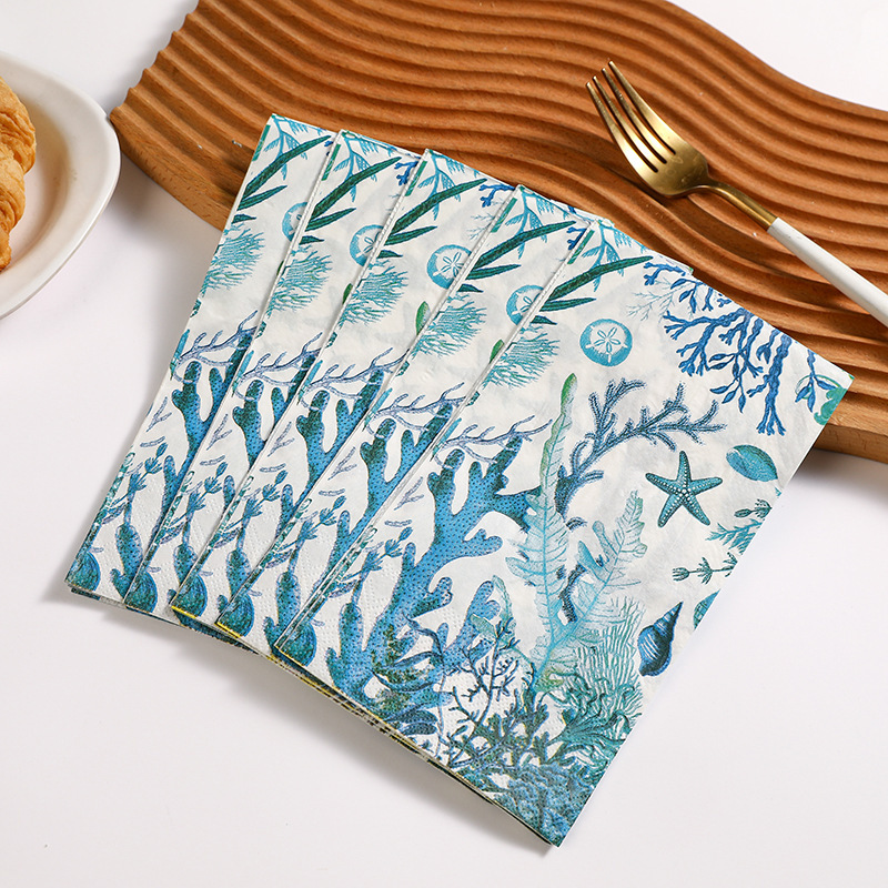 Blue Coral Starfish Square Paper Napkins Festive Atmosphere Decorative Napkins Fashionable Printed Western-Style Wedding Handkerchief Paper