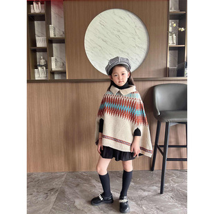 Girls' Korean Style Contrast Color Cape Shawl 2024 Spring and Autumn New Children's Elegant Western Style Rhombic Pattern Sweater Trendy