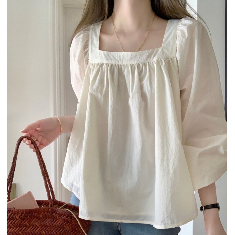 Gentle Retro Puff Sleeve Square Collar White Shirt Women's Sweet French Top Loose Flesh-Covering Slimming Doll Shirt Summer
