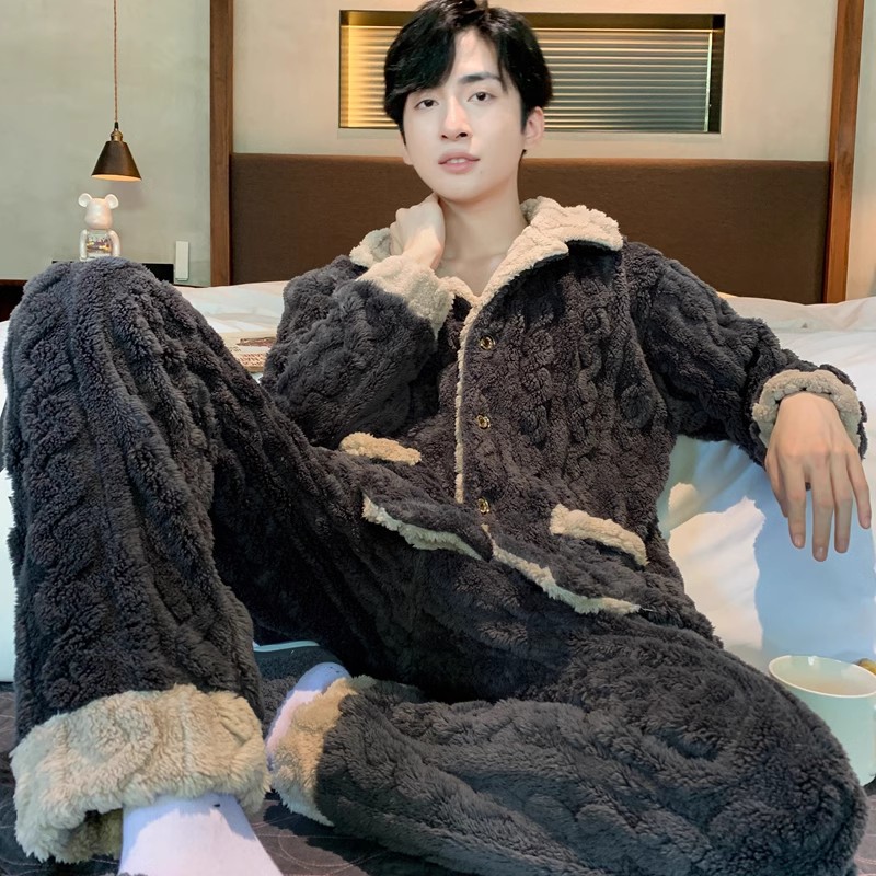 2024 신사복 산호 벨벳 플러스 벨벳 두꺼운 옷깃 가디건 간단한 남성 홈웨어 캐주얼 투피스 양복 겨울