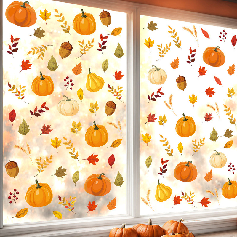 Amazon Hot Sale Thanksgiving Window Stickers Pvc Pumpkin Maple Leaf Autumn Wall Decoration Stickers Fruit Refrigerator Decals