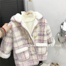 女童装秋冬外套连帽新款儿童洋气加绒呢子冬季女宝宝格子毛呢大衣