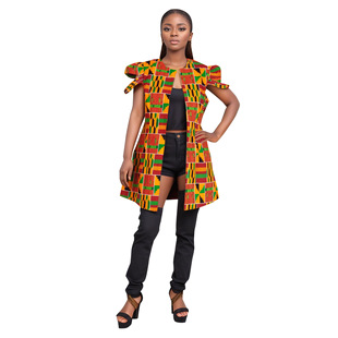 African New Plus-Size Printed Tops Foreign Trade Cross-Border Short-Sleeve Buttonless Trench Coat Fashion Women's European and American Commuting