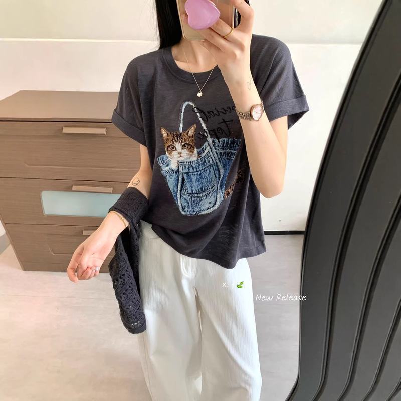 Knitted Pet Pattern Jacquard, Round Neck, Thin Style, Ultra-Fine Skin-Friendly Linen, Summer, Women's Clothing, Loose Fit, Slimming, Fashionable Knitted Pet Pattern Jacquard, Round Neck, Thin Style, Ultra-Fine Skin-Friendly Linen, Summer, Women's Clothing, Loose Fit, Slimming, Fashionable