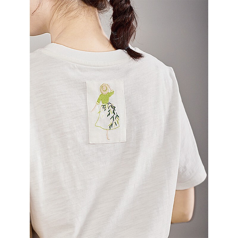 GJCP Artistic All-match 100 Bamboo Cotton Niche Embroidered Top Commuter Slimming White Short-sleeved T-shirt Women