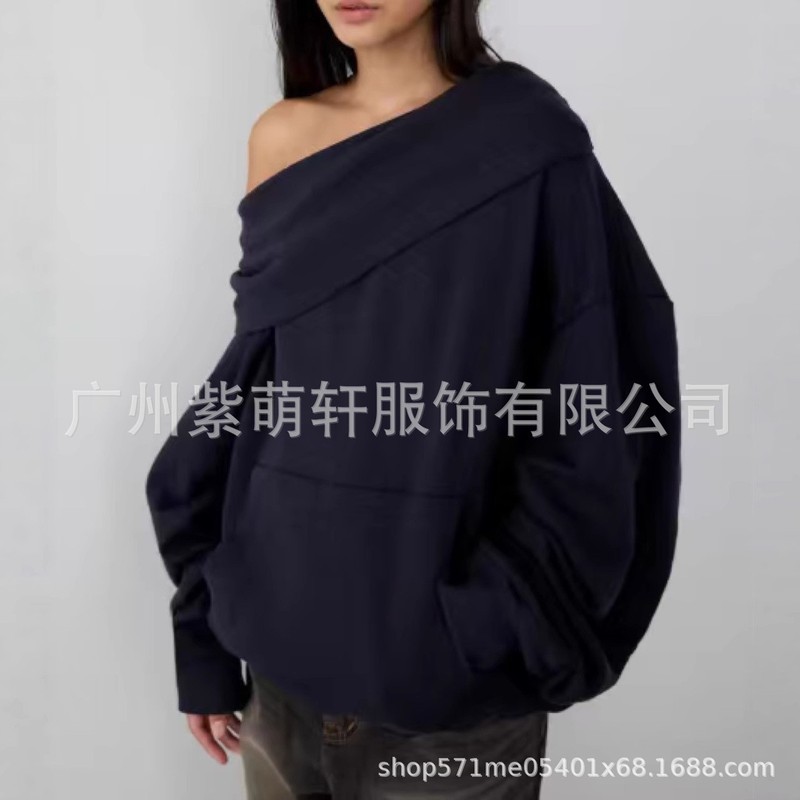 2025欧美|火焰一体绒连帽斜肩卫衣2025春季潮牌新品美式休闲斜肩|undefined