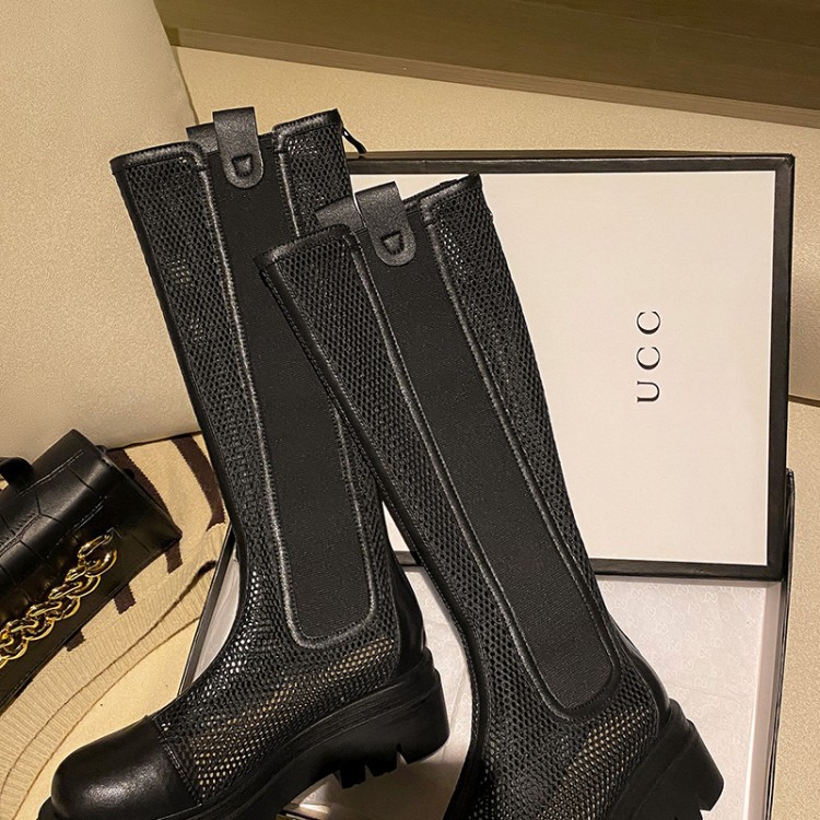 Boot lưới nữ da bò cổ cao thoáng khí mùa hè, đế dày, ống rộng cho chân to — Màu nâu ống lớn, Màu đen cổ ống lớn, Ống nhỏ màu đen, Chu vi ống lớn màu trắng be chi tiết 12