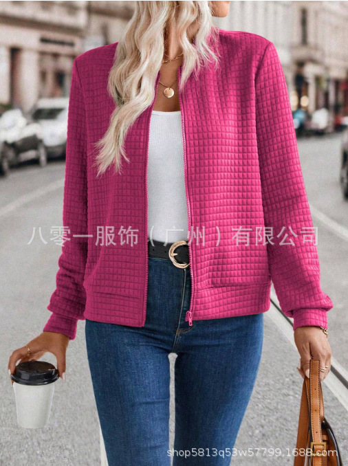 现货批发亚马逊热销新款欧美女装长袖拉链纯色拼接开衫纯色外套女|undefined