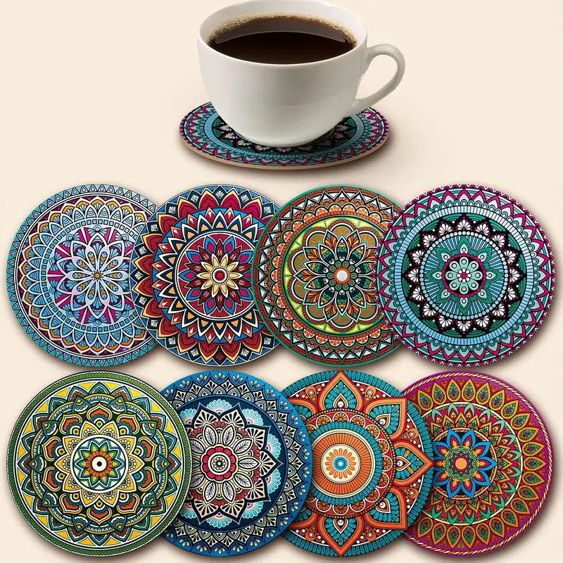 Fashionable Wooden 8-Piece Set of Popular Ethnic Style Art Coasters, Heat-Resistant and Non-Slip Drinks Suitable for Mandala Coasters