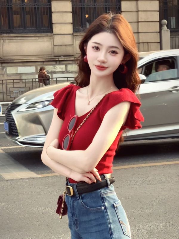 红色V领短袖针织衫正肩女夏季修身显瘦纯欲辣妹小飞袖短款上衣|undefined