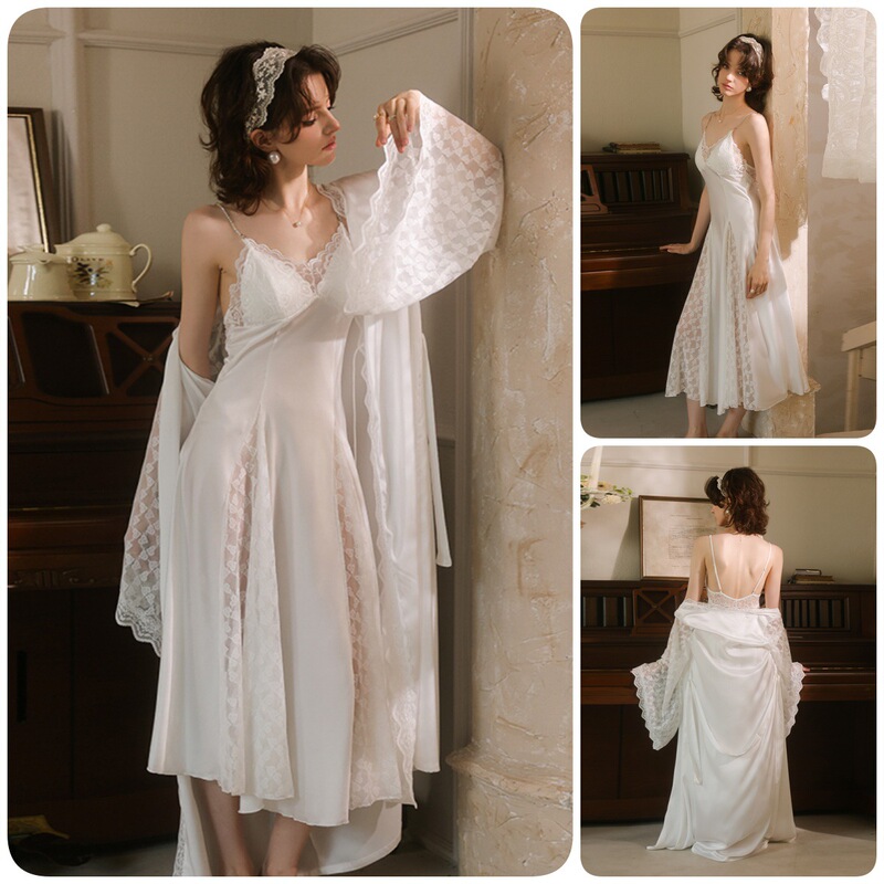 French Palace-Style Pajama Set, White Satin Lace V-Neck Suspender Long Dress, Two-Piece Home Wear Set 976 French Palace-Style Pajama Set, White Satin Lace V-Neck Suspender Long Dress, Two-Piece Home Wear Set 976
