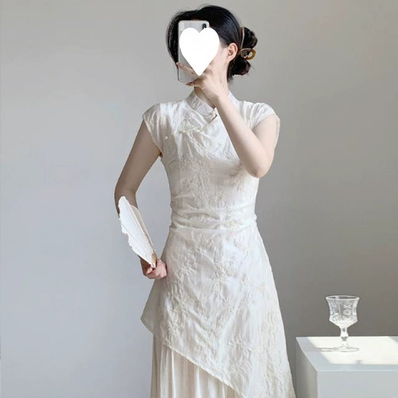 Летнее платье 2025 года в китайском стиле, национальный стиль, с пуговицами, улучшенная вышивка чонсам, имитация двухслойного, тяжелое платье, летняя литература