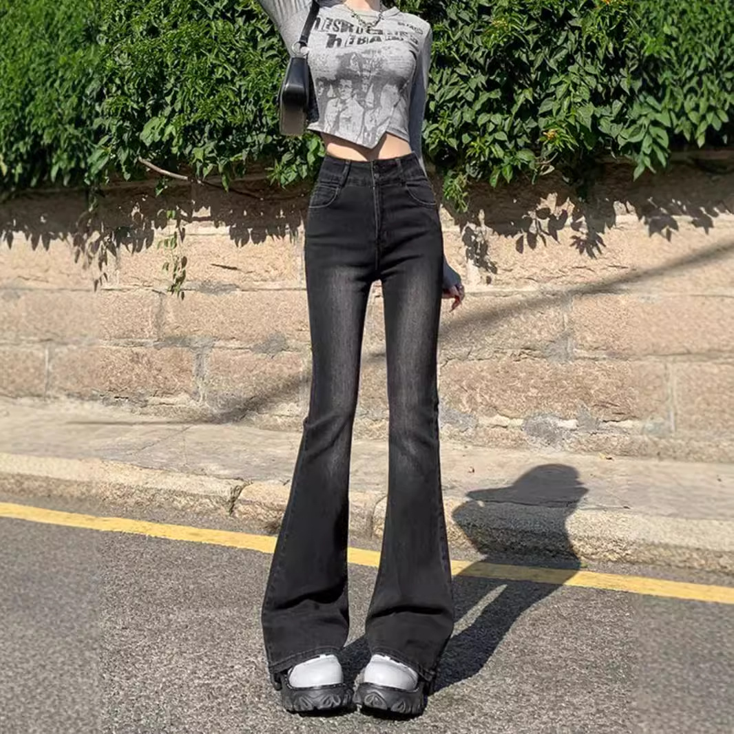 Black Grey Micro-flare Jeans Women's High Waist Retro Slimming Stretch Horseshoe Pants