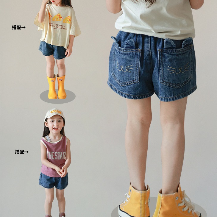 大耳象童裝鋪女童小貓耳朵牛仔短褲2024夏季新款女寶個性褲子
