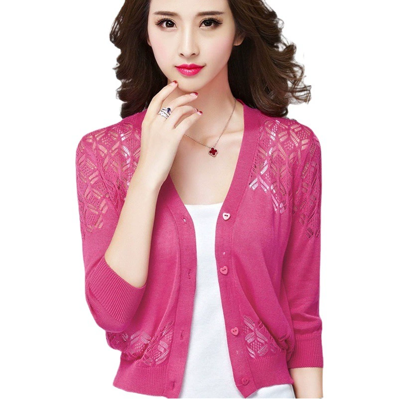 V-образным вырезом короткий снаружи кардиган ажурный вязаный свитер с кондиционером свитер пальто маленький шаль Лето Новый женский Тонкий